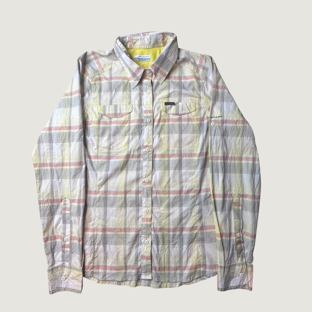 Columbia‎ Shirt Womens XL Yellow Plaid Omni-Shade Button Up Long Sleeve Hiking